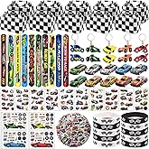 Joyvorite 120 Pcs Race Car Party Favors Set with Keychains Slap Bracelets Tattoo Stickers Wristbands Treat Boxes Treat Bags Stuffers Race Car Party Supplies Race Car Party Decorations