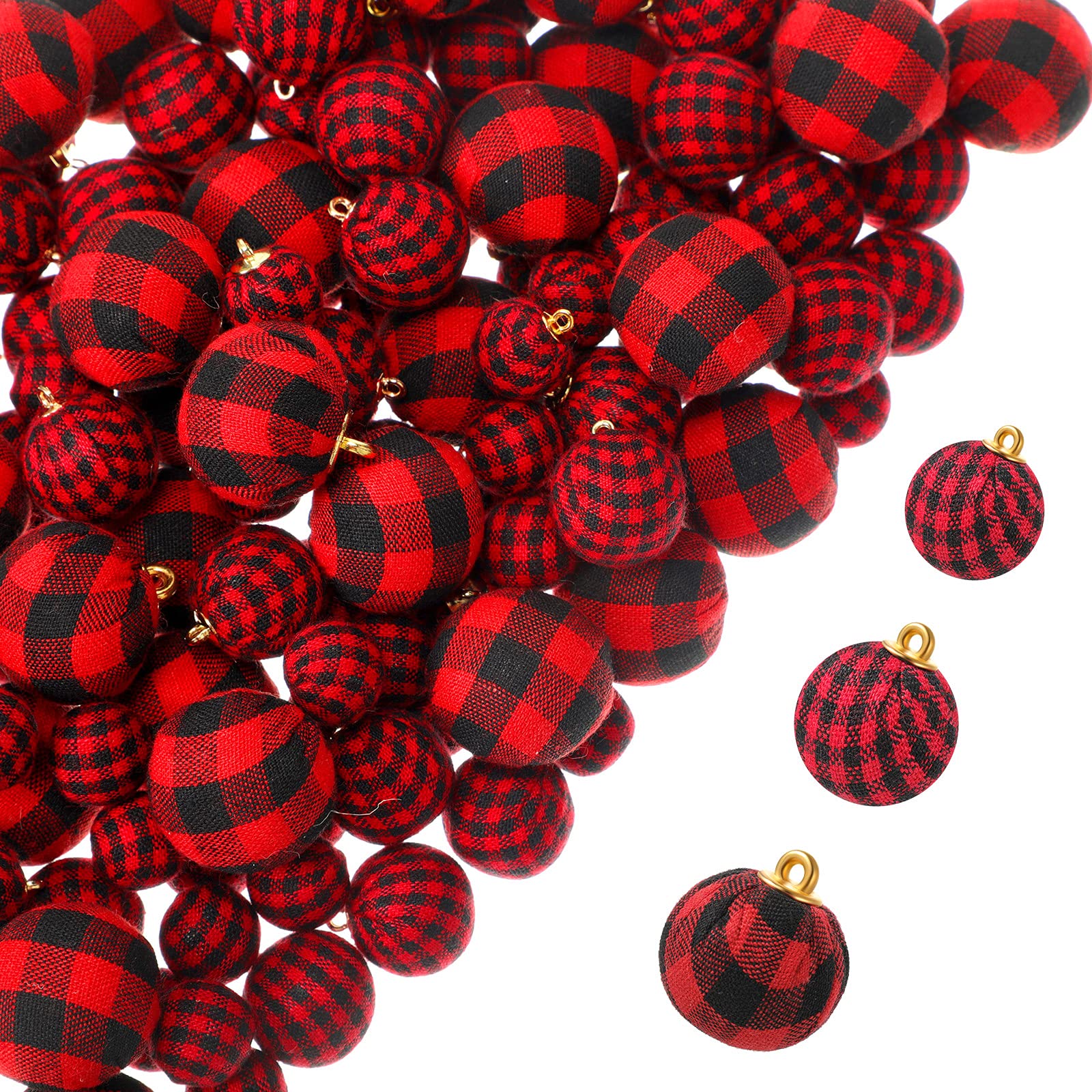 60 Pieces Mini Christmas Ball Ornaments Multi-Size Buffalo Check Fabric Wrapped Balls Decorative Xmas Tree Wreath Hanging Pendant for Holiday Party Decorations (Red-Black Plaid)