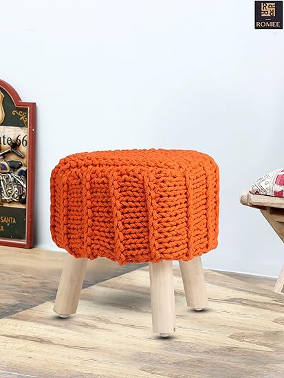 Romee Hand Knitted Wooden Sitting Stool/Ottoman/Pouffe for Living Room (40cm x 40cm) - Orange