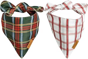 Remy+Roo Dog Bandanas - 2 Pack | Evergreen Christmas Dog Bandanas Set | Premium Durable Fabric | Patented Shape Bandanas for Dogs | Adjustable Fit (Large, Holiday Plaids)