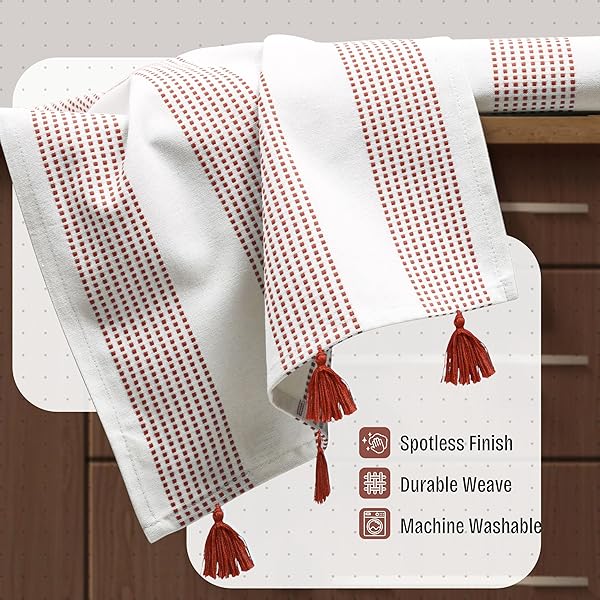 HEIRLOOM COMFORT RUST DECORATIVE DOTTED KITCHEN TOWELS 16X26 INCH, 12 PACK, QUICK-DRY, 100% COTTON DISH TOWELS WITH TASSELS, ULTRA ABSORBENT & SOFT FOR CLEANING, DRYING DISHES, AND EVERYDAY USE