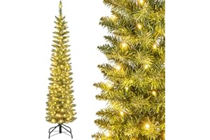 HAPPYGRILL 5FT Pre-lit Christmas Tree, Artificial Pencil Xmas Tree with 296 Branch Tips, 150 Warm White LED Lights, Foldable Metal Stand, Seasonal Decoration Tree for Home Office Party
