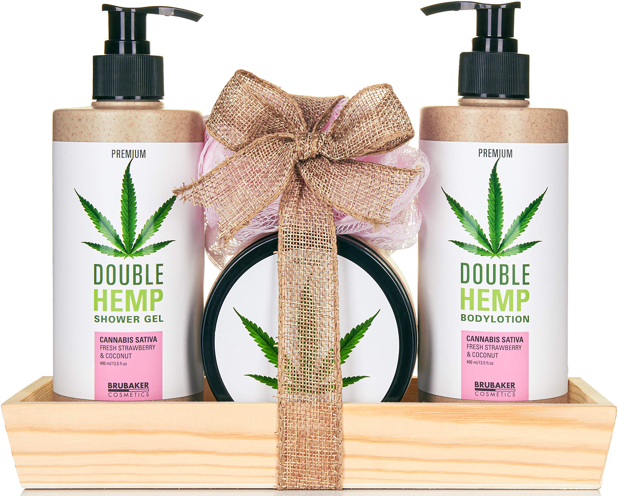 BRUBAKER Cosmetics Hemp Oil Body Care and Shower Set Fresh Strawberries & Coconut with Wooden Tray (5 Pieces)