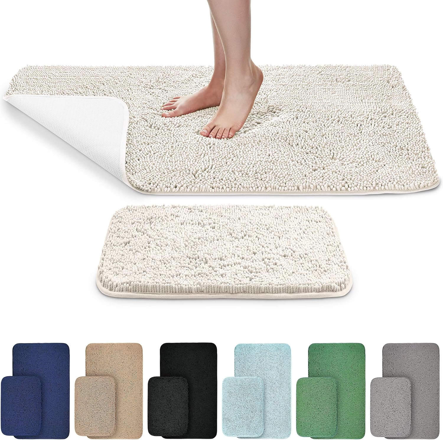 EdenHomes Chenille Bath Mats for Bathroom 24" x 17" + 44" x 26" (Set of 2) - Extra Soft Non-Slip Fluffy Rug Bathtub Large Shower Mat, Plush Carpet, Super Absorbent, Quick Dry, Machine Washable (White): Kitchen & Dining