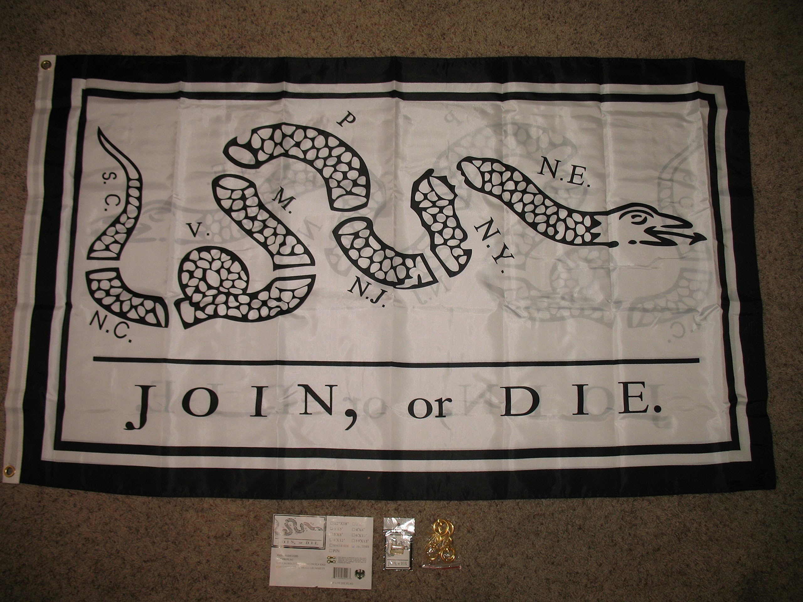 FR 3x5 Historic Benjamin Franklin Join Or Die Heavy Duty Solarmax Nylon 210D Doublesided Flag 3'x5' Banner Gift Set