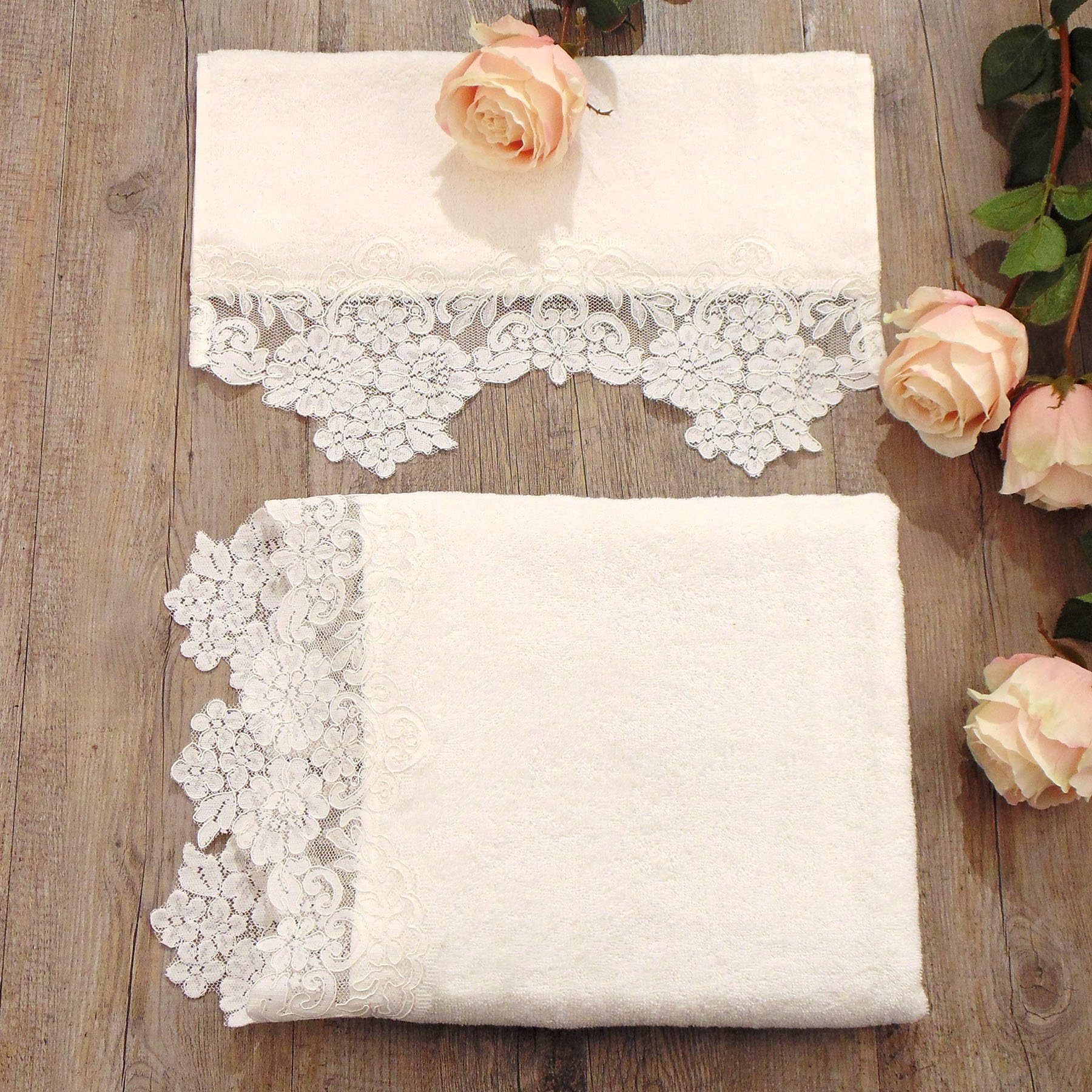 Vintage Shabby Chic Farmhouse Towel Set - Hand Towel and Guest Towel - Lace - 60x100 + 40x60 - Cream - 100% Cotton