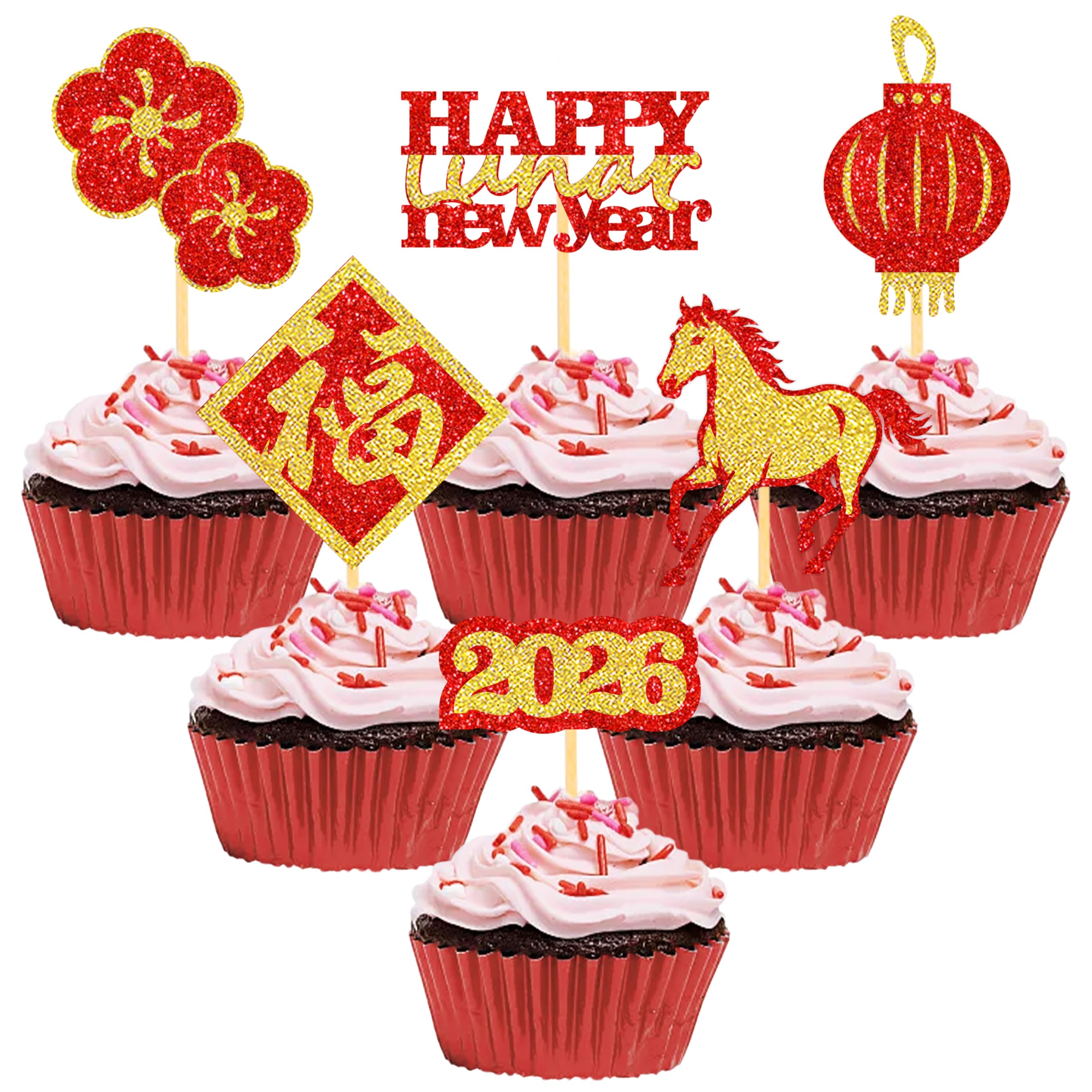 Photo 1 of 30PCS Chinese New Year Cupcake Toppers for Lunar New Year Decorations, Chinese New Year Decorations 2026 Spring Festival Party Supplies (Glitter)