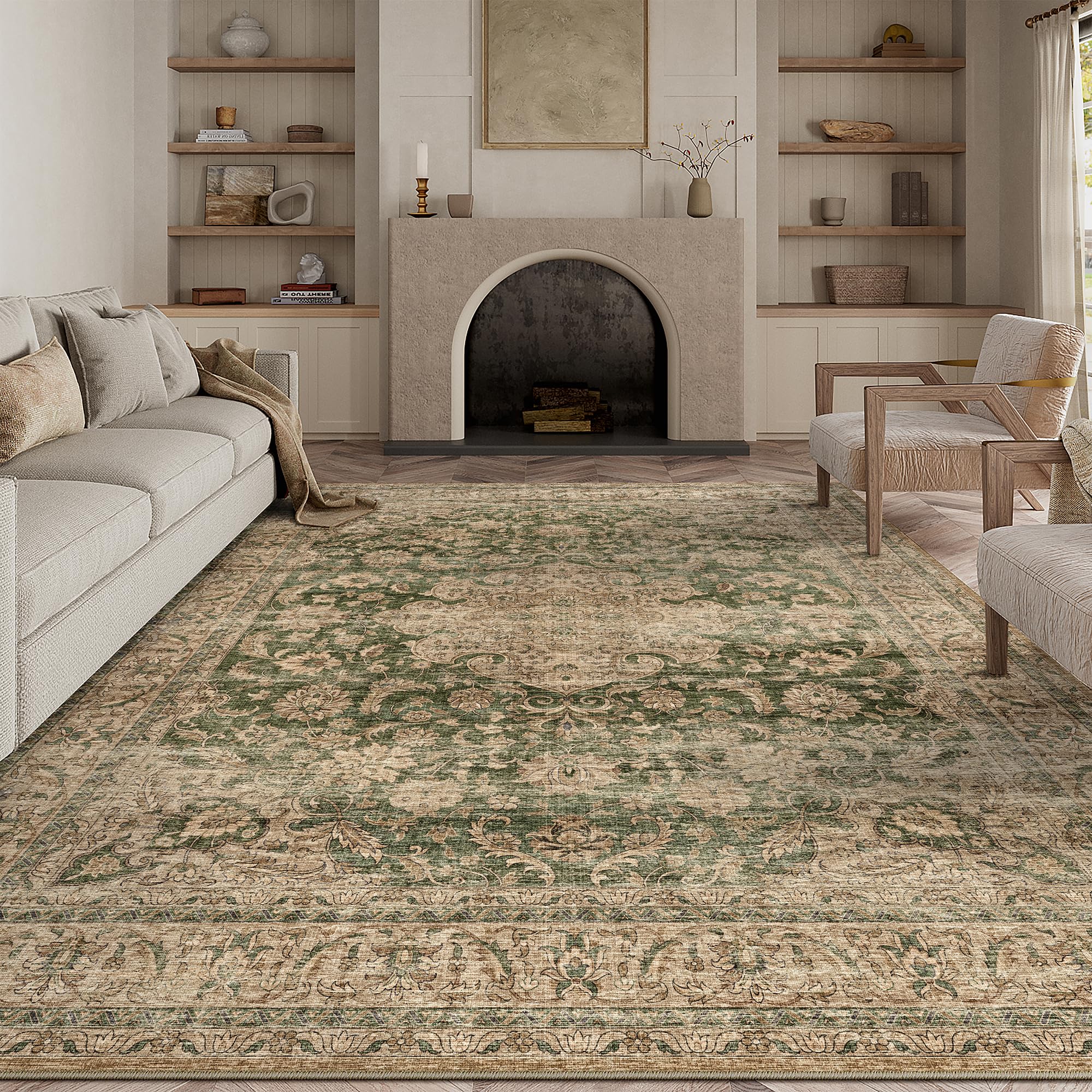 WondRg 6x9 Washable Green Vintage Area Rug for