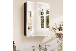 TETOTE Black 14 x 18 Inch Beveled Bathroom Medicine Cabinet Mirror, Assembly Needed, Stepless Adjustable Shelves, Recessed or