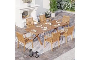 SUNSHINE VALLEY Acacia Wood 7 Piece Patio Dining Sets for 6, Outdoor Dining Set with Expandable Teak Dining Table(1.97" Umbrella Hole) & Wooden Chairs, Outdoor Table and Chairs for Backyard,Deck