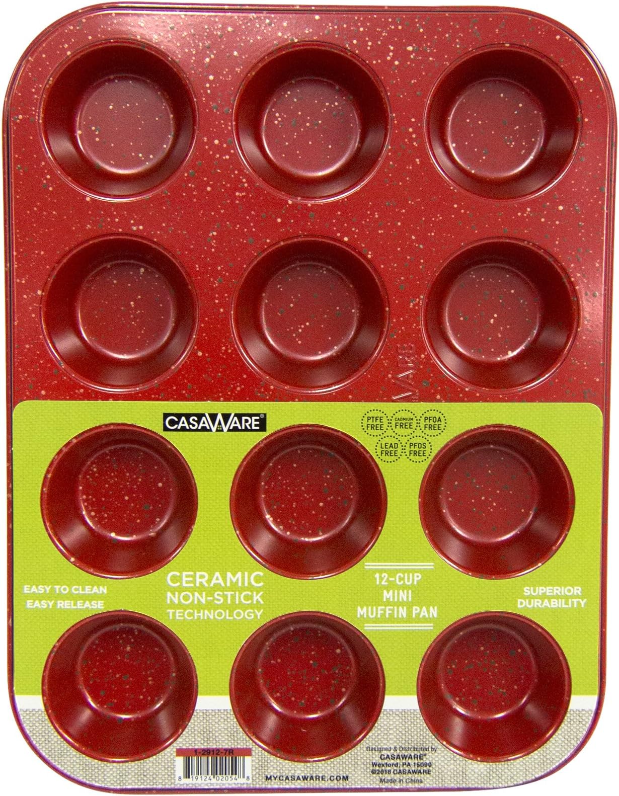 CasaWare Mini Muffin Pan 12 Cup Ceramic Coated Non-Stick (Red Granite)