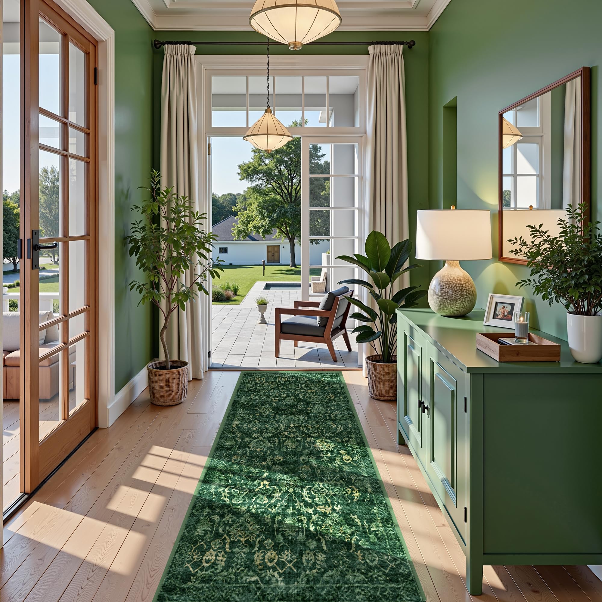 Photo 1 of Dark Green 3x7 Runner Rug for Hallways Bed Side Kitchen, Boho Washable Distressed Low-Pile Floor Entryway Long Bathroom Mat, Non-Slip Laundry Room Washstand Front Carpet Green 36x84 Inch