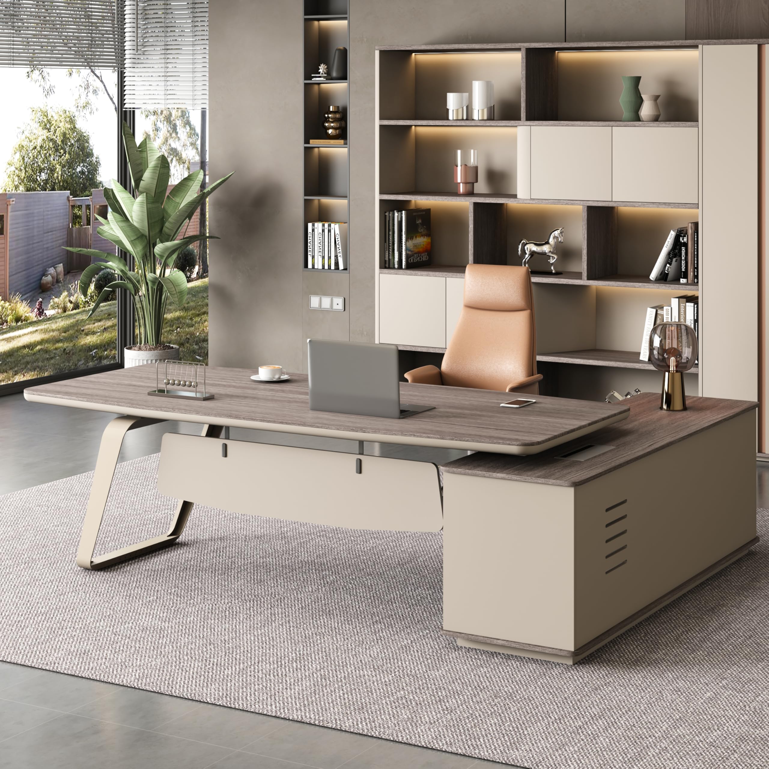 Photo 1 of 79-Inch Modern Executive L-Shaped Office Desk with 71” Lateral File Cabinet – Spacious Fir Wood Large Executive Desk with Locking Drawer,Ideal for Home Office Furniture and Small Spaces