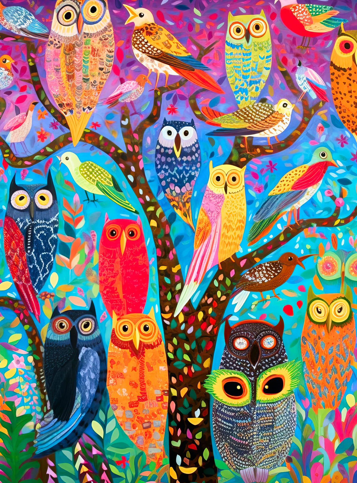Photo 1 of Cross & Glory - Owl Oasis: The Vibrant Perch - 1000 Piece Jigsaw Puzzle for Adults | Whimsical Owl & Garden Collage | Satin Finish