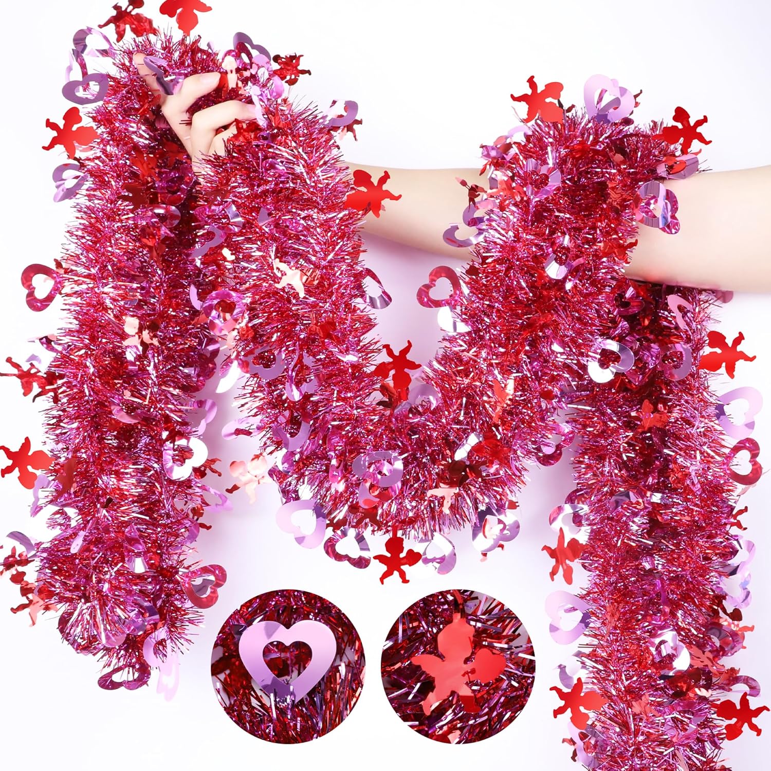 Wreaths, Garlands & Swags - 33 FT Valentines Day Garland Decor Red Cupid Pink Heart Tinsel Garland，Shiny Metallic Streamer Twist Garland Hanging Valentines Decorations for Home Tree Indoor Outdoor Wedding Party Supplies