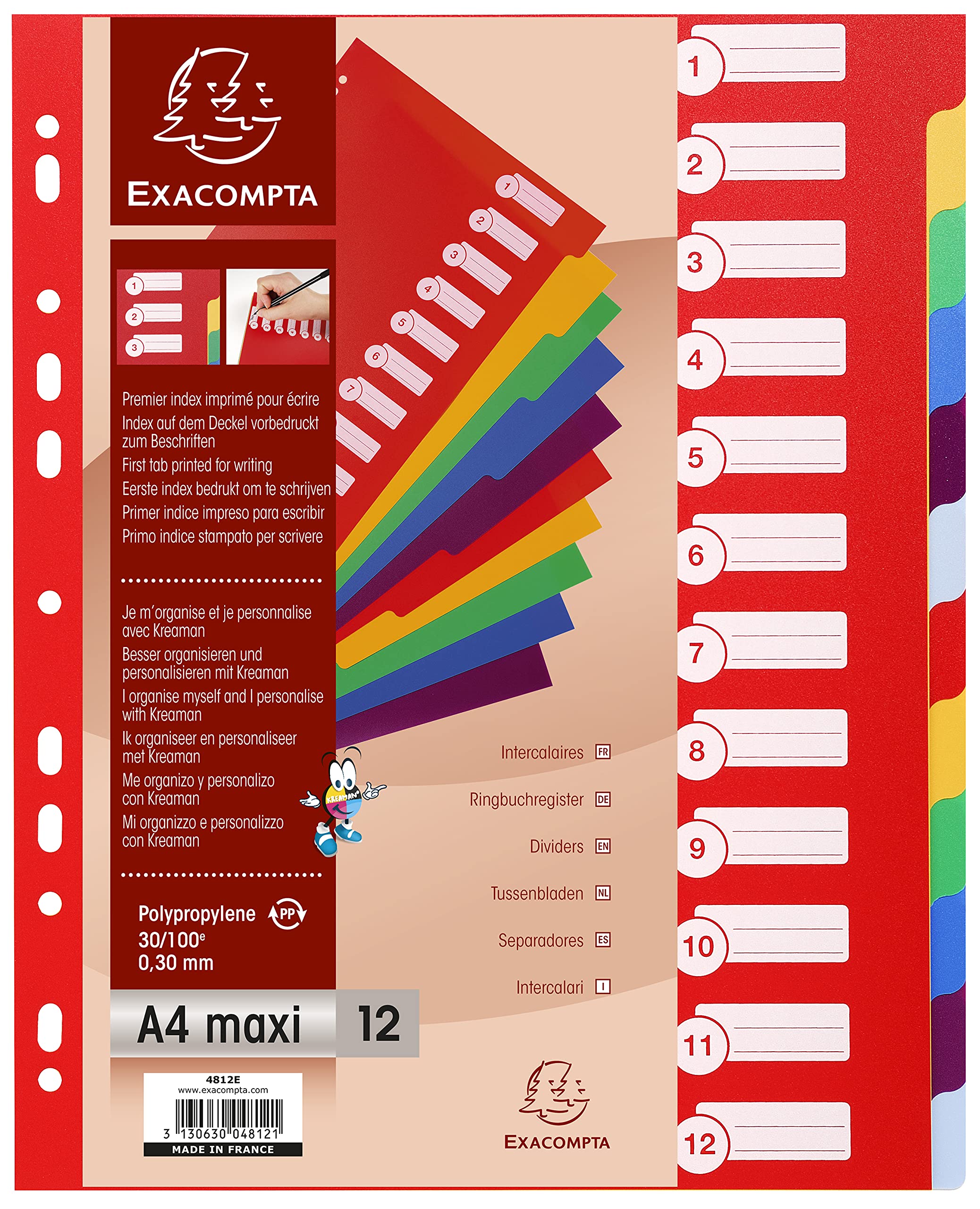 Exacompta - Ref 4812E - PP Document Dividers - Suitable for Use With A4+ Documents, Made from Polypropylene, Pre-Punched & Pre-Printed - 12 Part Dividers - Multicoloured
