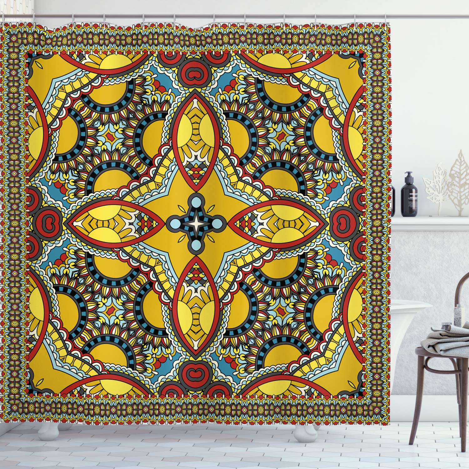 ABAKUHAUS Oriental Shower Curtain, Middle Orient Eastern Design Different Floral Swirl Detailed Image Artwork, Cloth Fabric Bathroom Decor Set with Hooks, 78 Inches, Multicolor — image 1