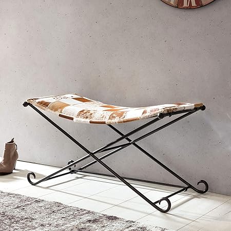 FineBuy Sitzbank UHMA mit Echtfell 93 x 49 x 47 cm Lederbank Braun Weiß mit Eisengestell | Bank gepolstert mit Patchwork Fell