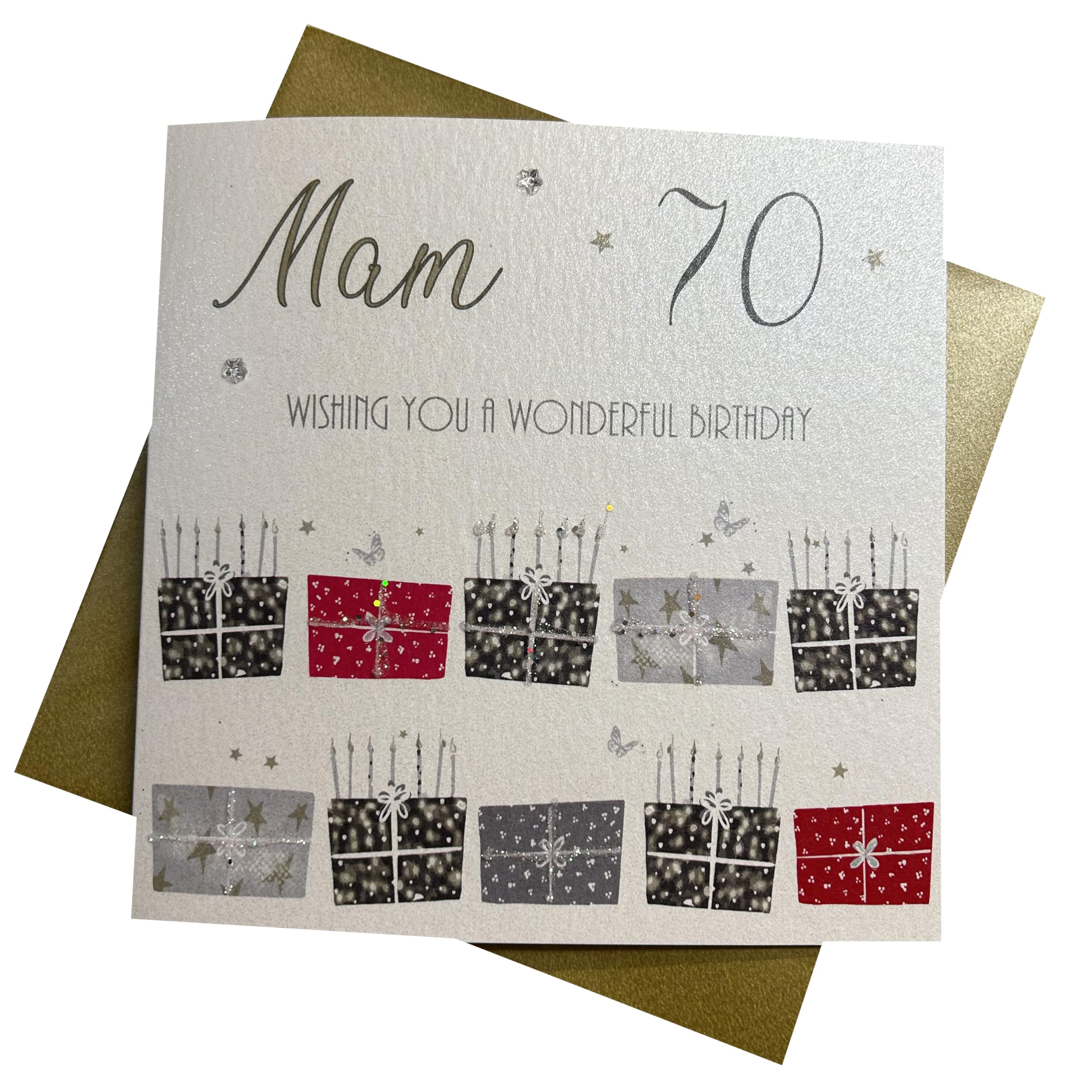 WHITE COTTON CARDS 70 Wishing You A Wonderful Mam,Handmade 70th Birthday Card (Red Pressie)