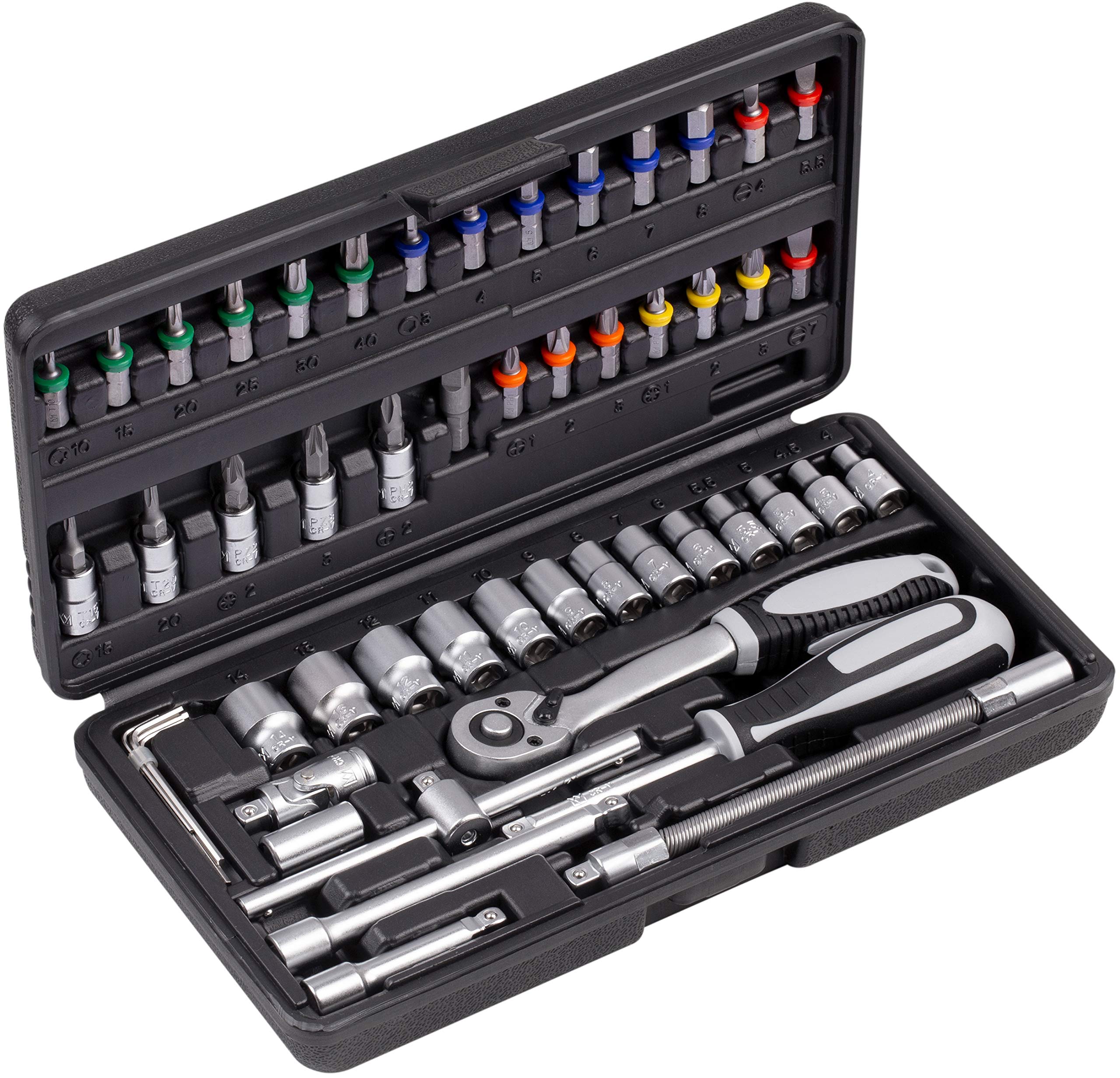 Connex COXB365010 Bit and Socket Set 52 Pieces - Sturdy Plastic Case - 1/4 Inch - Reversible Ratchet with Quick Release Function - for Mounting & Screwdriving Work/Socket Set/Bit Set