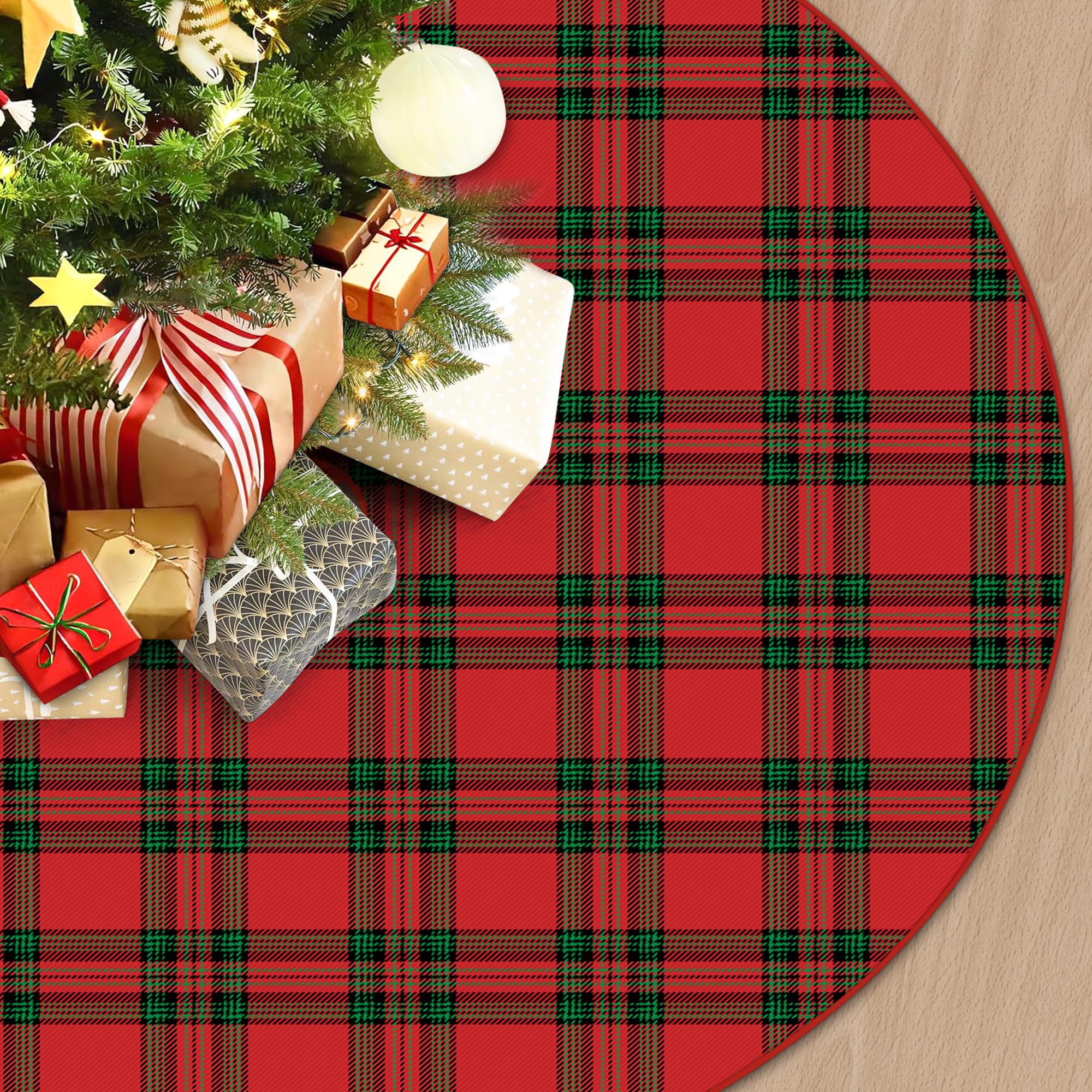 Photo 1 of 48 Inch Christmas Tree Skirt Red Green Tartan Plaid Tree Skirt Rustic Scottish Plaid Round Christmas Trees Mat for Xmas Winter Holiday Home Party Indoor Outdoor Decoration