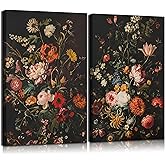 2Pcs Moody Flowers Canvas Wall Art Painting Dark Floral Poster Print Vintage Plant Picture Farmhouse Plant Wall Decor for Bedroom Living Room 12x24in Framed