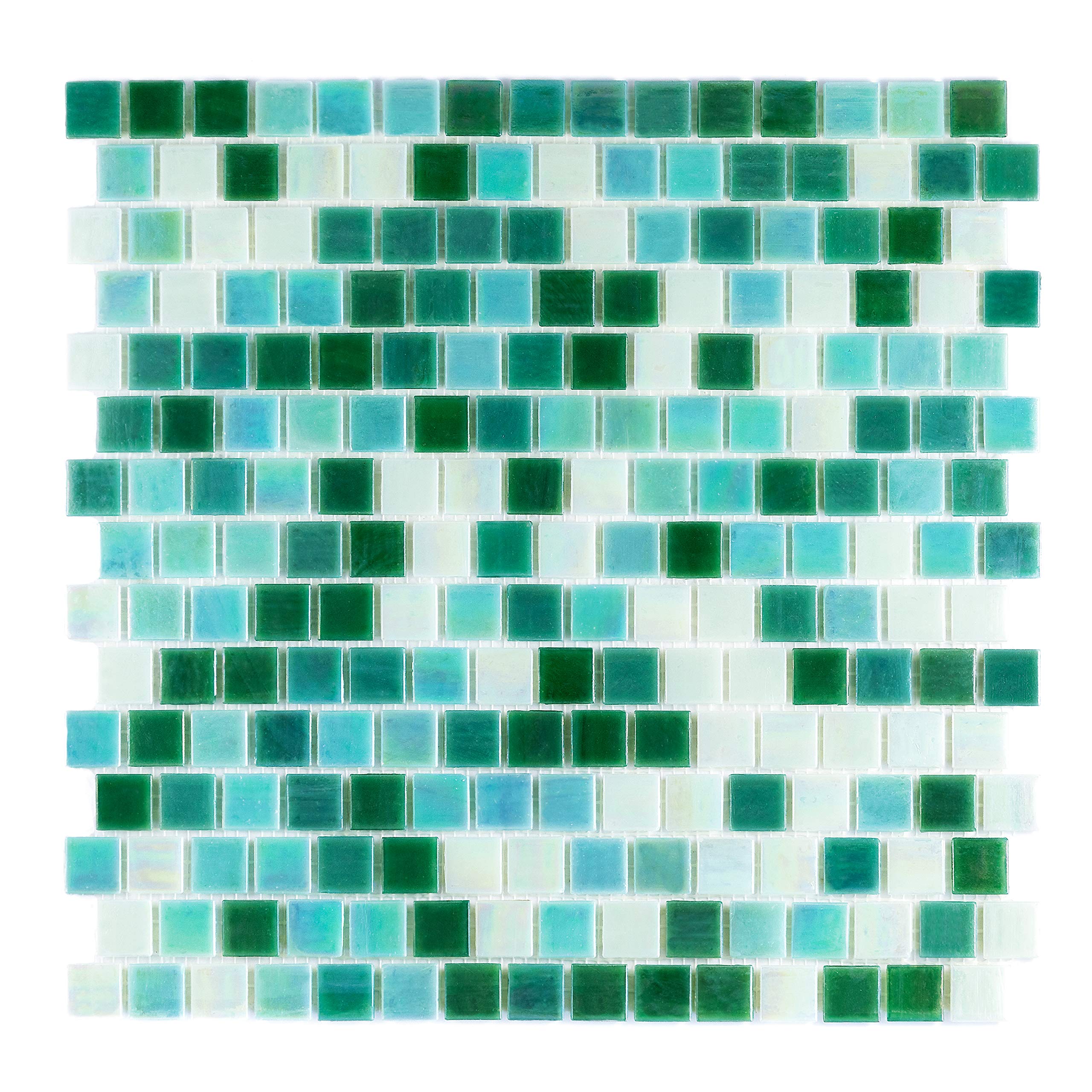 URBN Contemporary Mixed Green Iridescent Glass Mosaic Tile with Staggered Design for Kitchen and Bath - One Box of 20 Sheets (23 SQ FT)