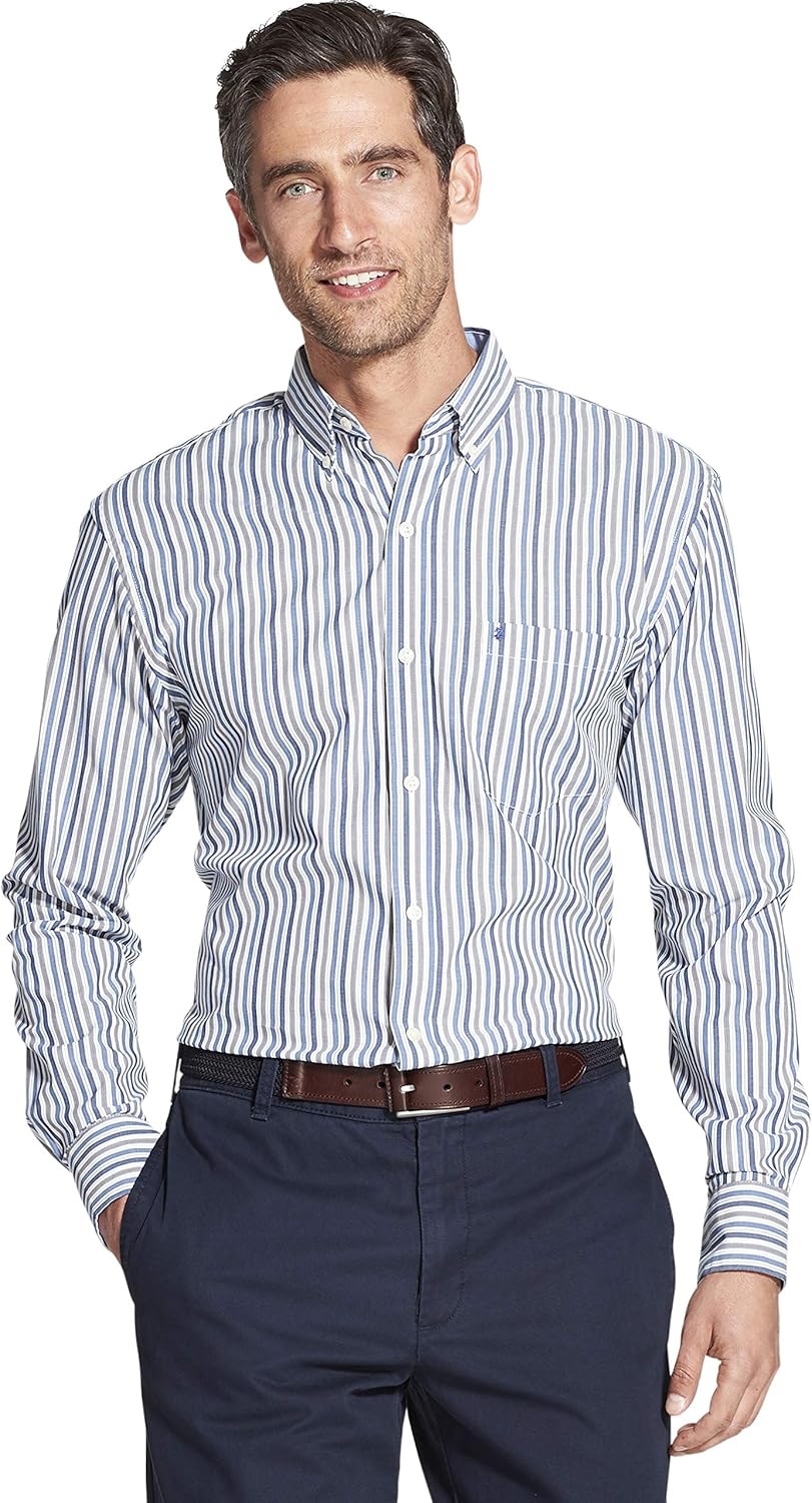IZOD Men's Button Down Long Sleeve Stretch Performance Stripe Shirt at  Men’s Clothing store