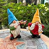 WSHMZYHOME Garden Gnome Duo Decorative Figurines 5.5“ Ornament for Indoor Outdoor Home Garden Decor,Musical Violin Player and Dancing, Colorful Outdoor Statues, Set of 2