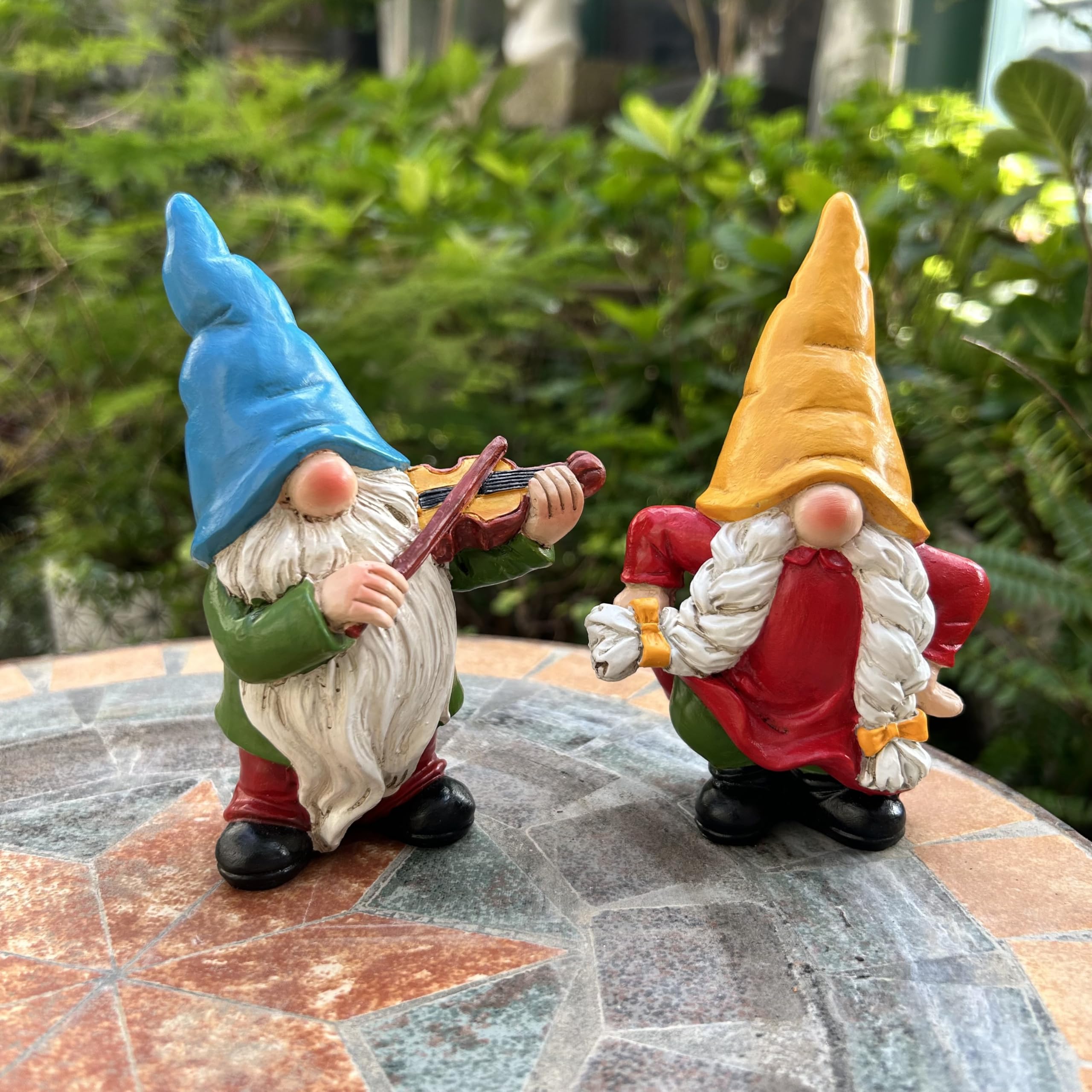 Photo 1 of WSHMZYHOME Garden Gnome Duo Decorative Figurines 5.5“ Ornament for Indoor Outdoor Home Garden Decor?Musical Violin Player and Dancing, Colorful Outdoor Statues, Set of 2