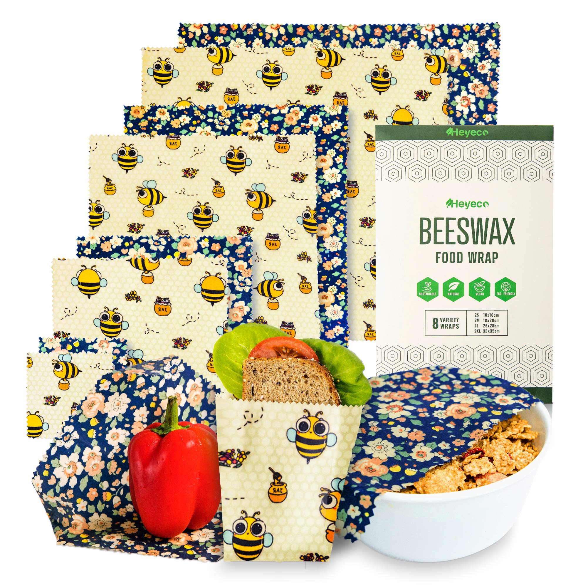 Beeswax Wraps | Set of 8 | Eco Friendly Sustainable Reusable Food Wraps | Biodegradable Zero Waste Plastic Free Food Storage | Bowl Covers | Organic Bees Wax Cheese Bread Sandwich Wrappers