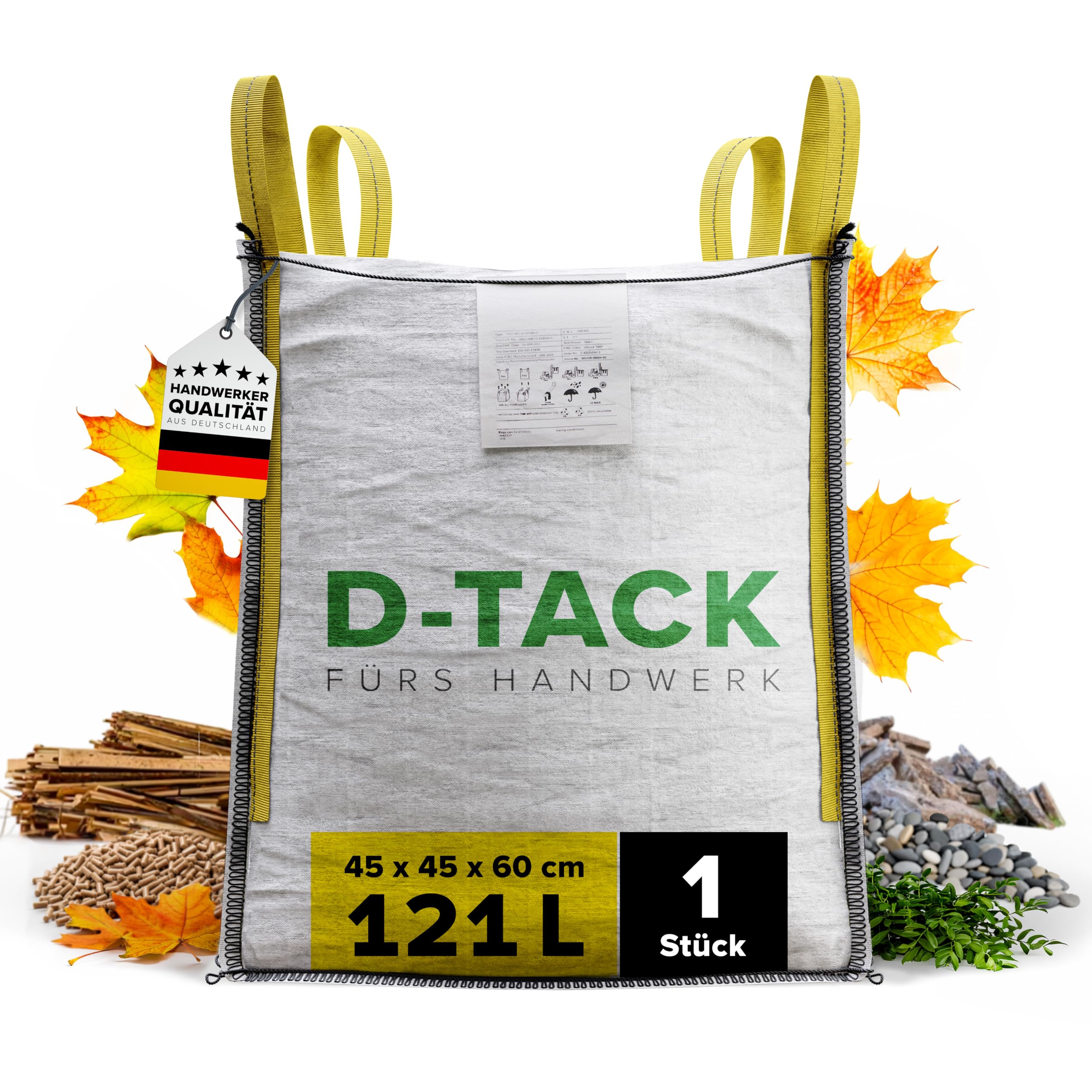 D-TACK 1x Big Bag | 45 x 45 x 60 cm | Säcke für Bauschutt, Holz, Laub, Kies, Sand, Erde, Gartenabfall, Grünschnitt, Pellets | 4 praktische Trageschlaufen | 500 kg | Witterungsbeständig