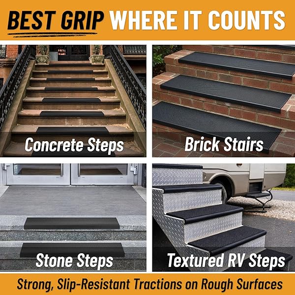 OTTOMANSON BULLNOSE STAIR TREADS OUTDOOR – DOTS HEAVY-DUTY NON-SLIP STAIR MATS – BEST GRIP ON CONCRETE, BRICK & TEXTURED STEP – FASTENING REQUIRED FOR WOODEN & RV STEPS, PACK OF 5