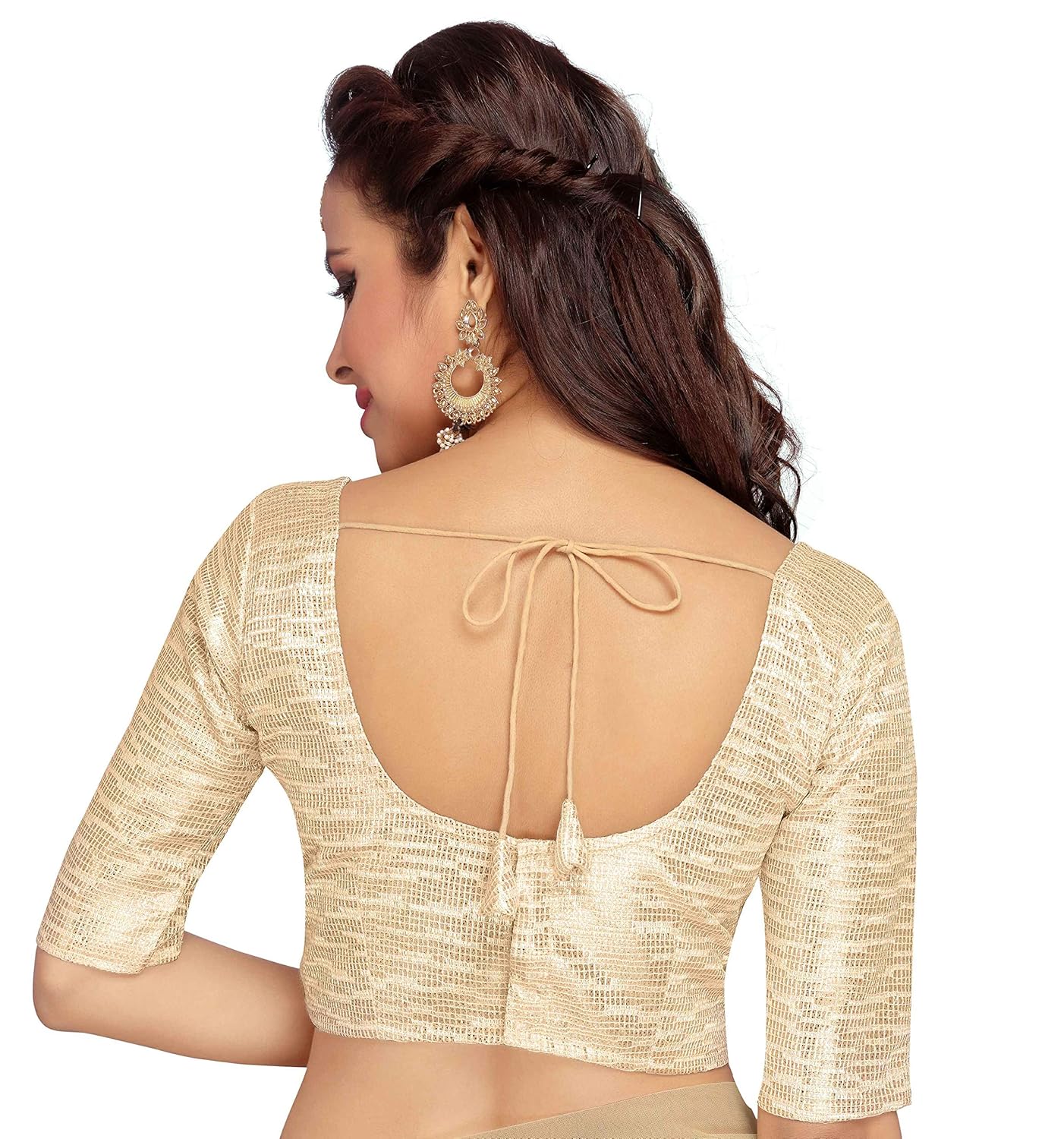 studio shringaar golden readymade saree blouse with elbow length sleeves