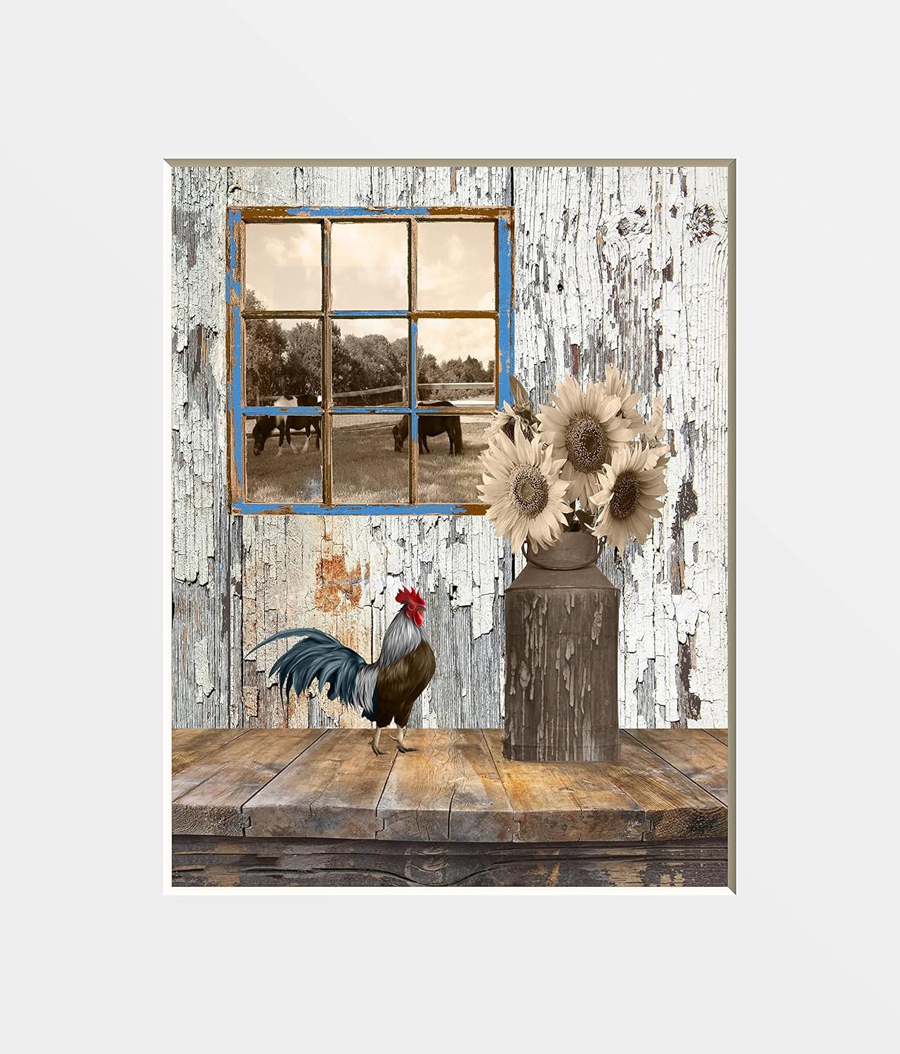 Photographs - Blue Brown Rustic Rooster Sunflowers Country Farmhouse Kitchen Wall Art Matted Picture