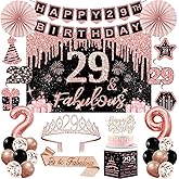 29th Birthday Decorations for Women,32PCS 29th Birthday Party Decorations,Including Backdrop, Crown, Sash, banner, Hanging Swirl,balloons,Cake Topper,Paper Fans and Anniversary Card