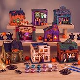 8 Set Wooden Haunted House to Paint LED Light DIY Halloween Painting Crafts | 46 Pcs Wooden Halloween Craft Kit, 8 Vintage Haunted Houses with LED Lights, 4 Paint Sets, Halloween Classroom Activities
