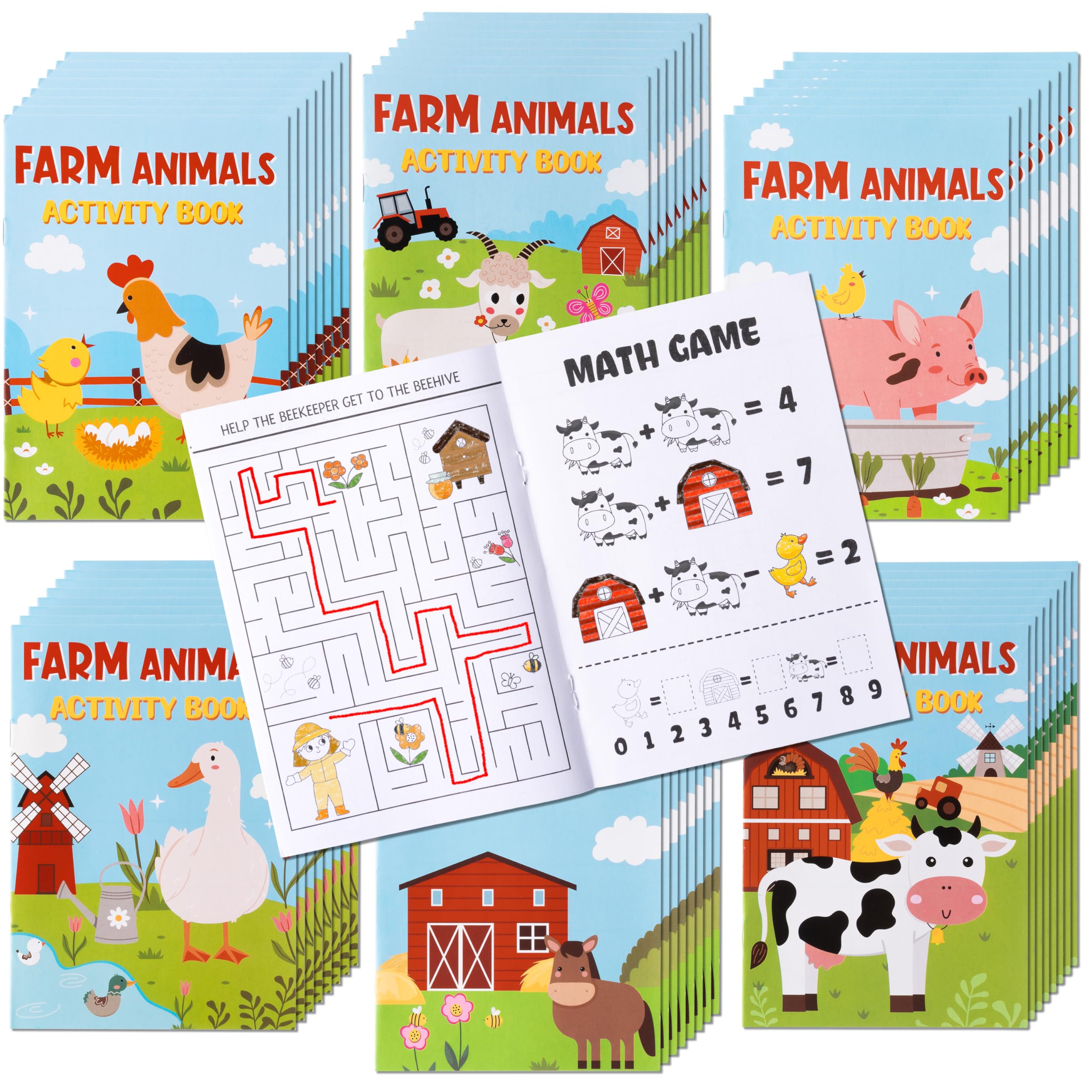 Zainpe Activity Coloring Books for Kids - 24Pcs Farm Animals Fun Game Book with Cows Chickens Duck Sheep Pattern Maze Crossword Dot to Dot Game Booklets Party Favors Supplies Goodie Bag Gift Filler