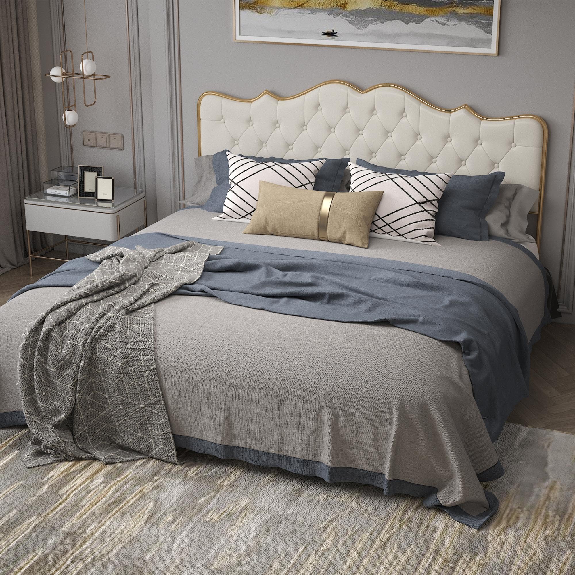 Photo 1 of Dolonm King Size Classic Buckle Backrest Platform Bed Frame with Four Storage Drawers Metal Frames Bed Foundation with Wooden Slats Support, White Leather Sponge Soft Bag Beds