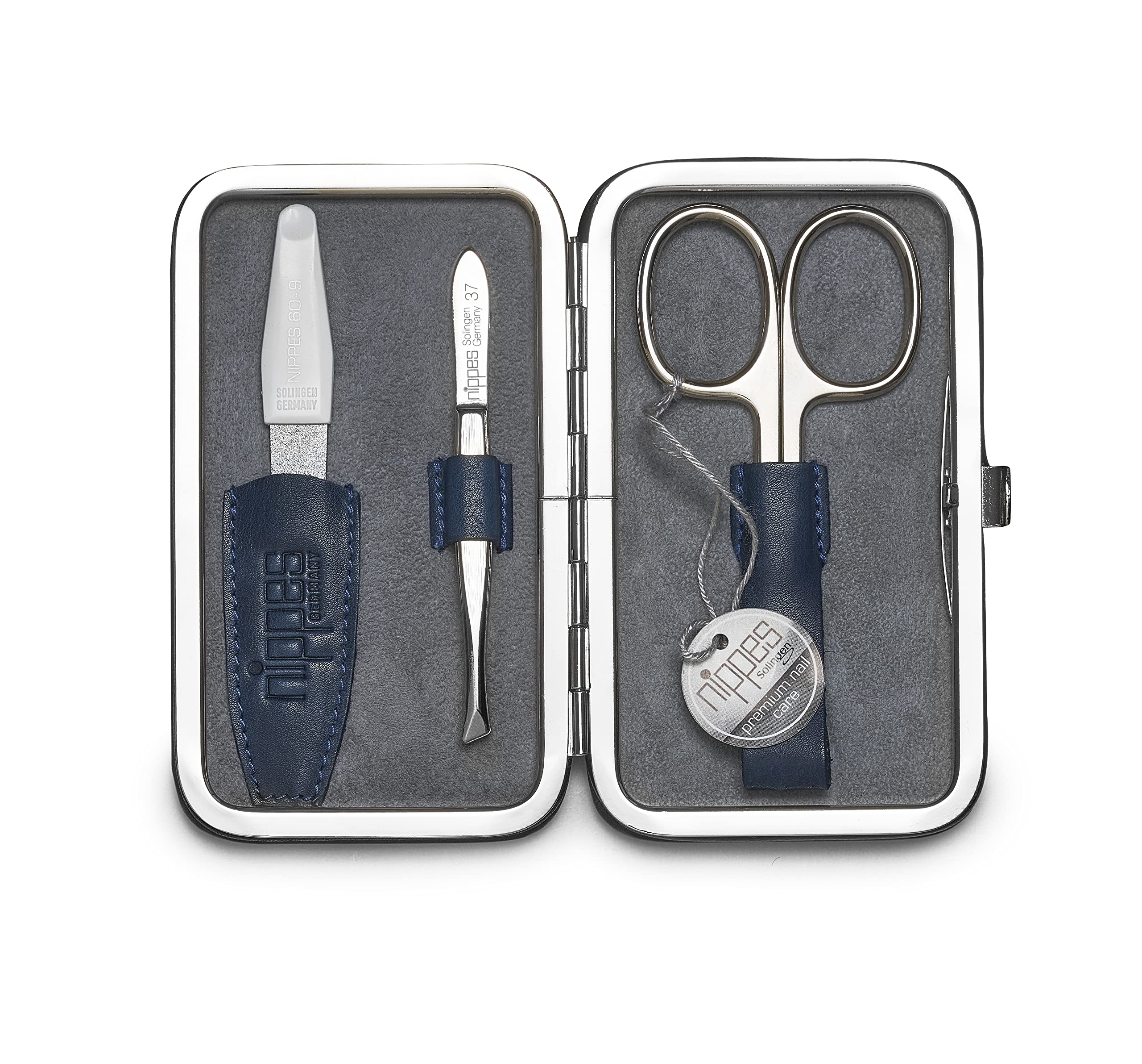 nippes Solingen Manicure Set Vintage, 3-Piece Antique Cowhide Leather Nail Set with Frame, Soft Suede Inside, Made in Germany, Nail Care Set with Nail Scissors, Tweezers and Nail File, Nickel-Plated