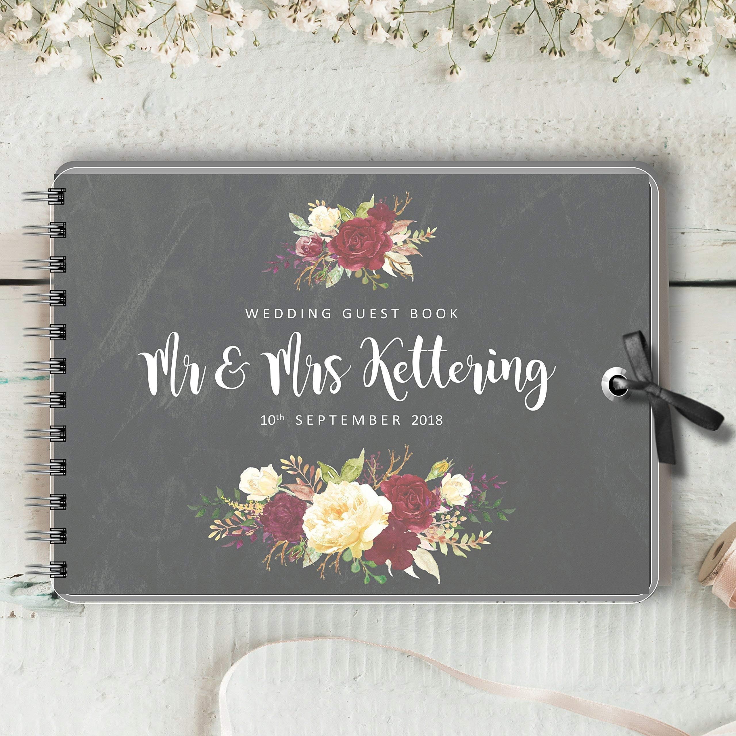 Personalised Wedding Guest Book, Chalkboard Burgundy Flowers, Blank Message Book