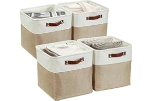 DECOMOMO Cube Storage Bin 11x11 Foldable Storage Cube Baskets for Shelf Closet Playroom (Beige and White, Cube - Pack of 4)