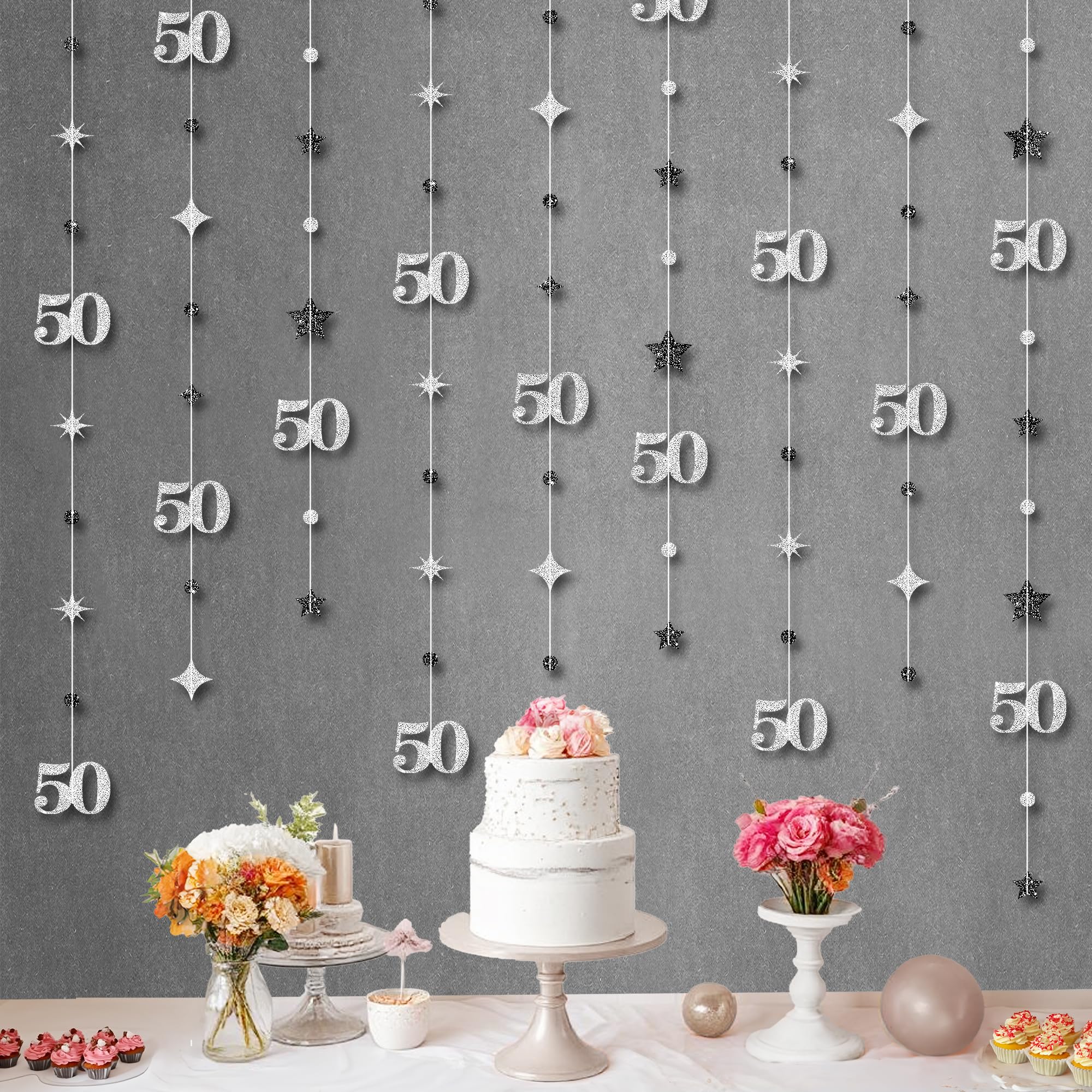Photo 1 of KatchOn, Silver 50th Birthday Decorations - 9 String 50th Bday Garland, 6 Feet | No DIY 50th Party Hanging Streamer | Over The Hill 50th Birthday Decor for Women Men | 50th Anniversary Decorations