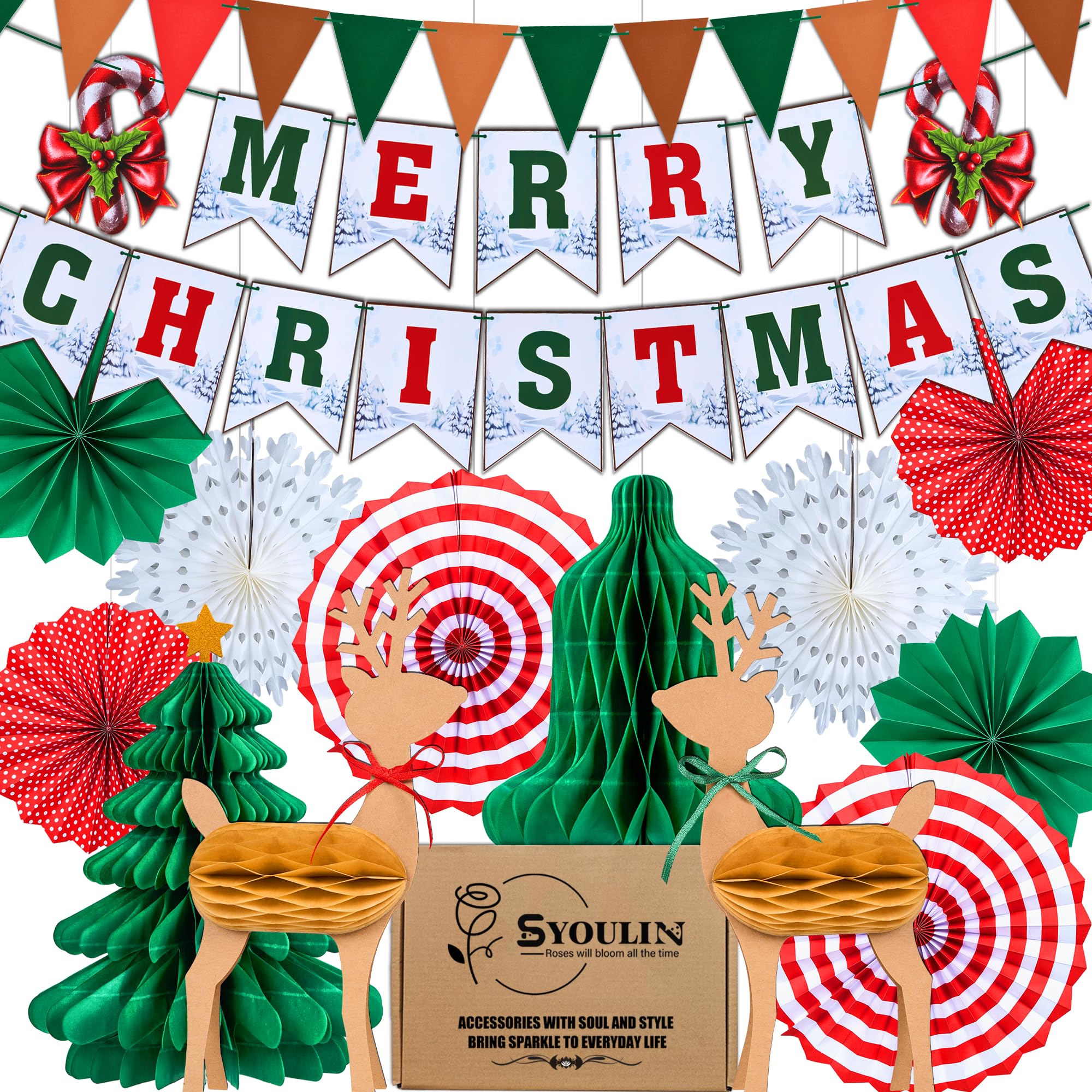 Syoulin retro vintage christmas decorations indoor，Reusable Christmas Decorations Party Banner Set,Suitable for Christmas party decoration table/wall/ceiling paper christmas decorations