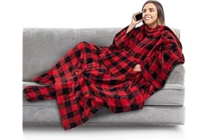 PAVILIA Fleece Blanket with Sleeves and Foot Pockets for Women Men Adults, Wearable Blanket Sleeved Throw Wrap, Plush Hug Sleep Pod Snuggle Blanket Robe, Cozy Gift Ideas Wife Mom, Checkered Red