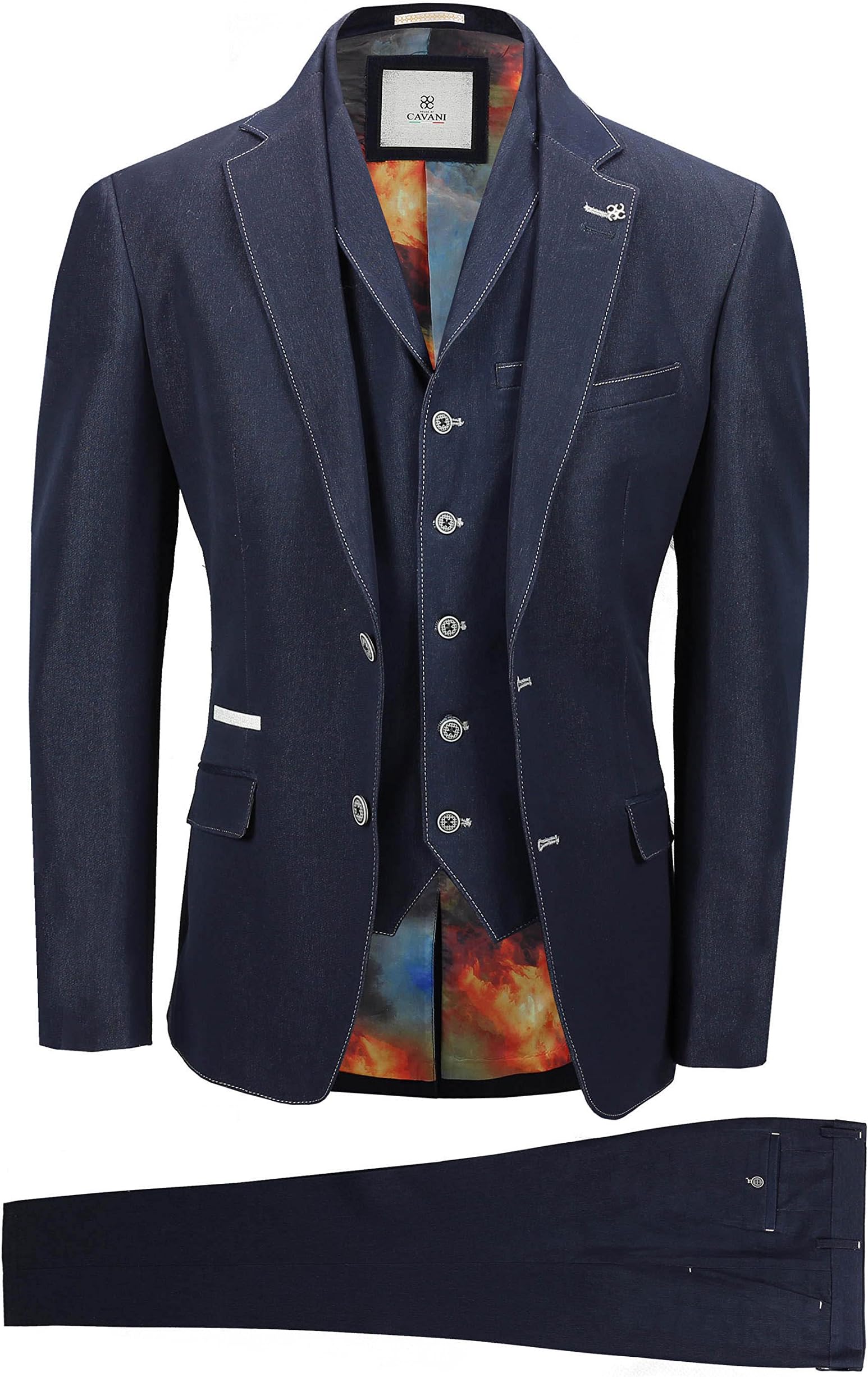 Mens Navy Blue Cream Stitch Tailored Fit 3 Piece Suit Smart Formal