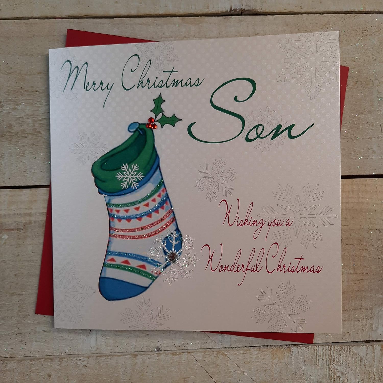 White Cotton Cards Merry Son Handmade Christmas Card (Blue Stocking Code cb17), 16cm x 16cm