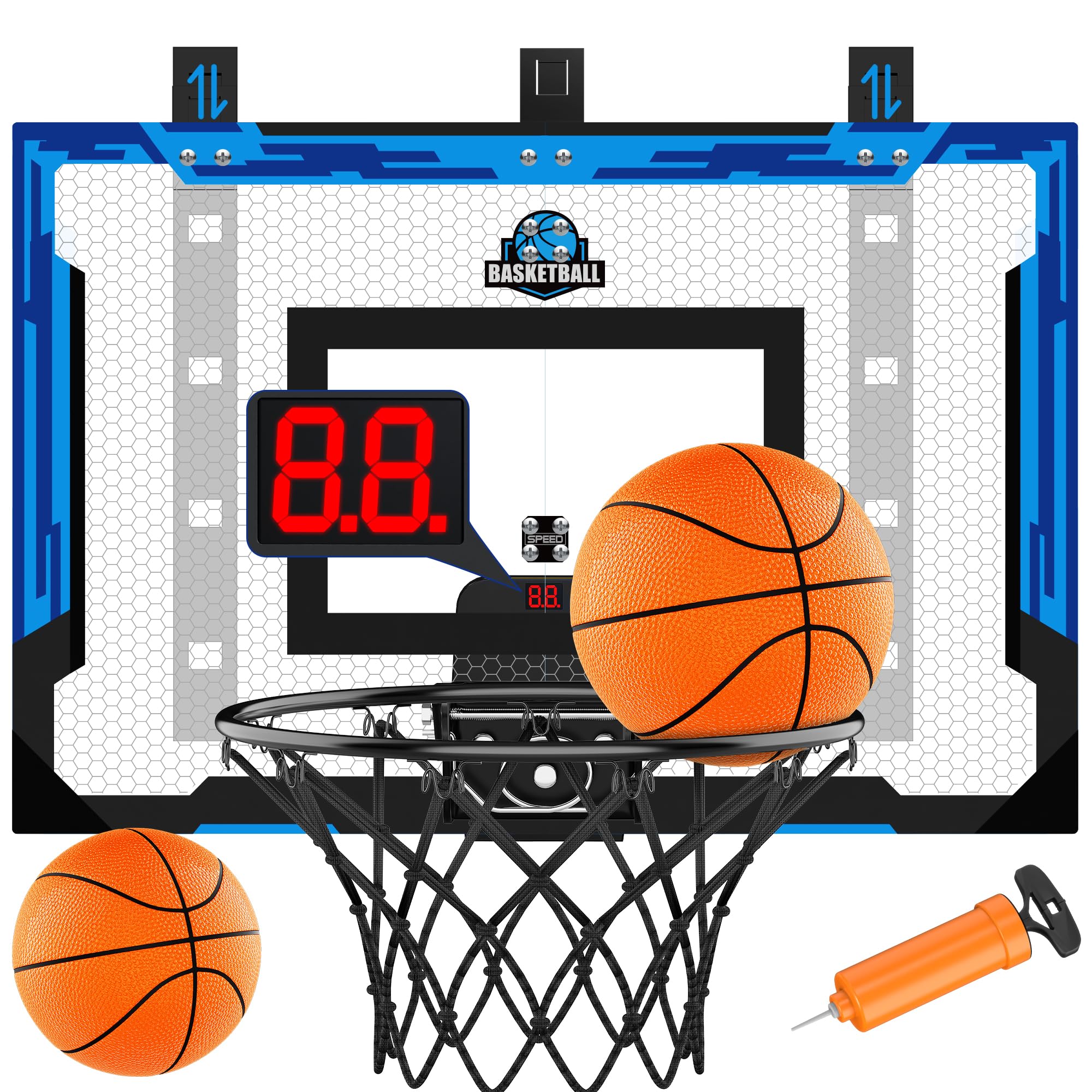 Photo 1 of 24" x 16" Indoor Large Basketball Hoop Toy - Upgraded Adjustable Height Basketball Hoop Over The Door with Scoreboard/2 Balls, Basketball Toys Christmas Birthday Gifts for Kids & Adults(Blue)
