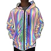 LZLRUN Rainbow Reflective Coat Hooded Windbreaker Fashion Holographic Runing Pocket Jacket High Visibility