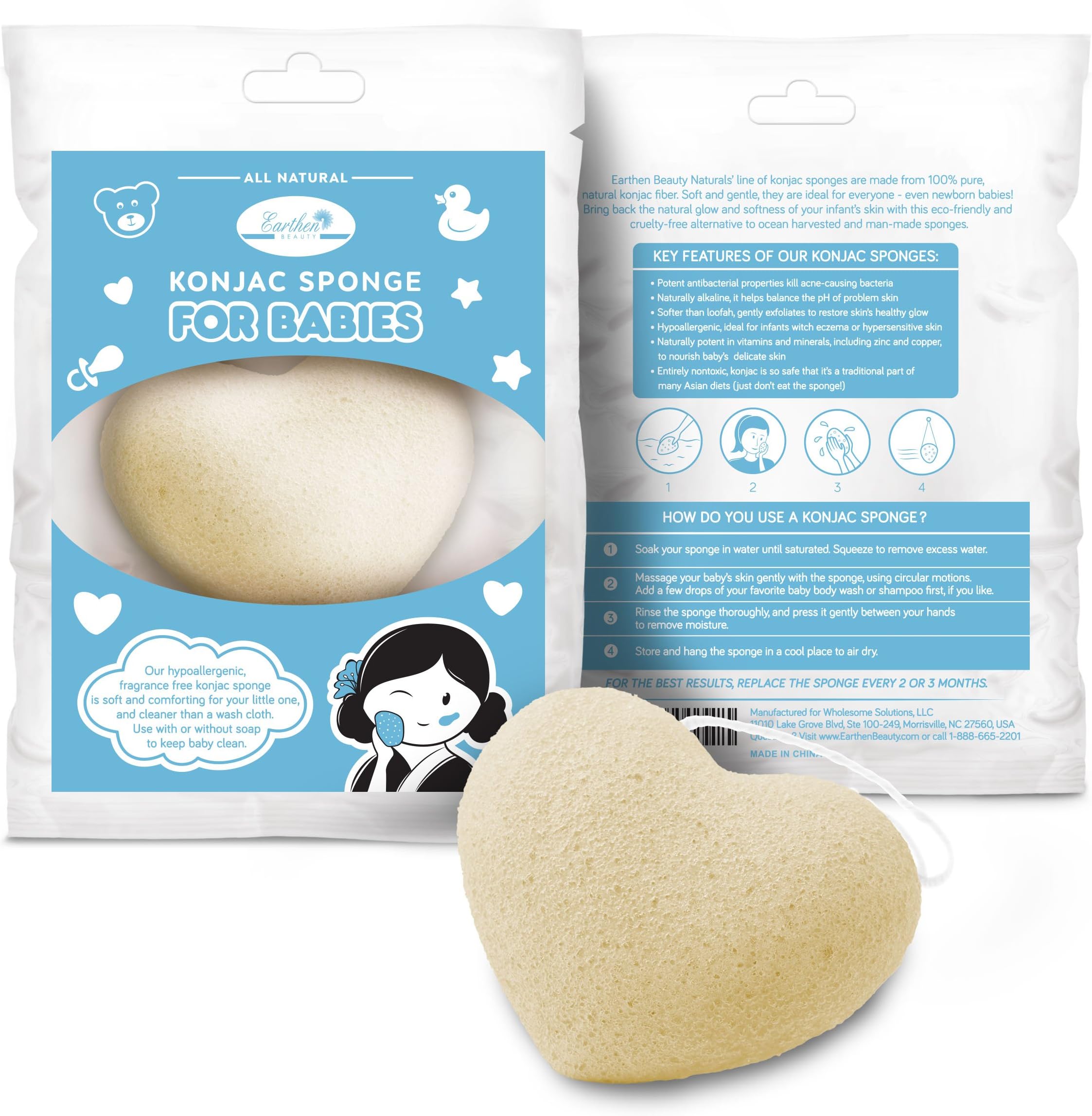 Earthen Beauty Konjac Sponge – Baby Bath Sponge - 100% Natural Sponge - Free of Chemicals, Parabens, Sulphates, Fragrances and Colorings – For Sensitive Skin - Hypoallergenic Eco-Friendly – Gentle - Natural Baby Product - Cruelty Free, Vegan, Biodegradable, Naturally Sustainable